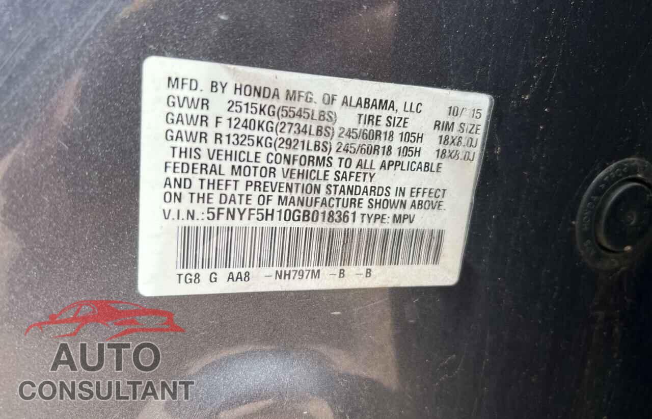 HONDA PILOT 2016 - 5FNYF5H10GB018361