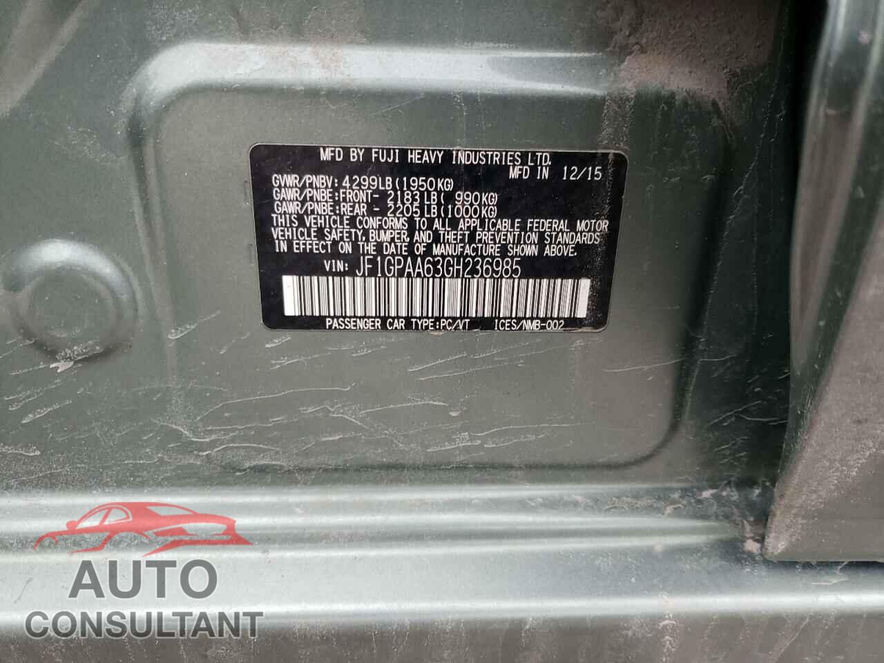 SUBARU IMPREZA 2016 - JF1GPAA63GH236985