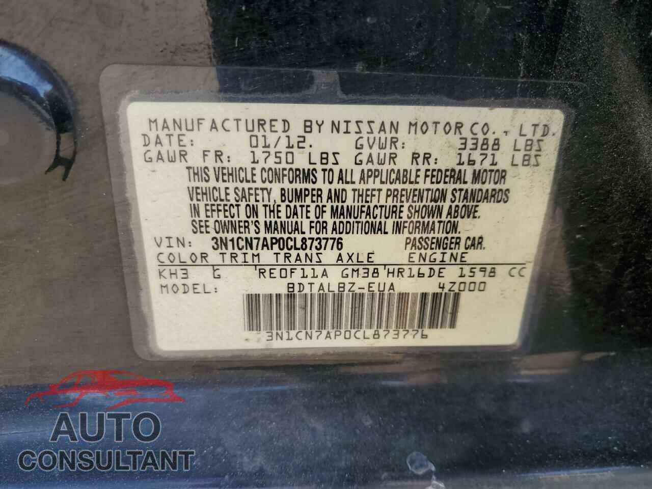 NISSAN VERSA 2012 - 3N1CN7AP0CL873776