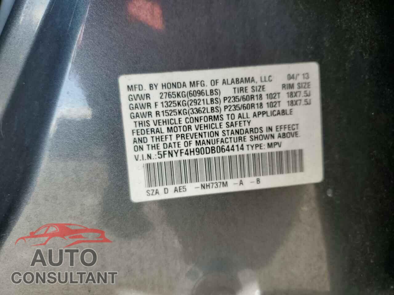 HONDA PILOT 2013 - 5FNYF4H90DB064414