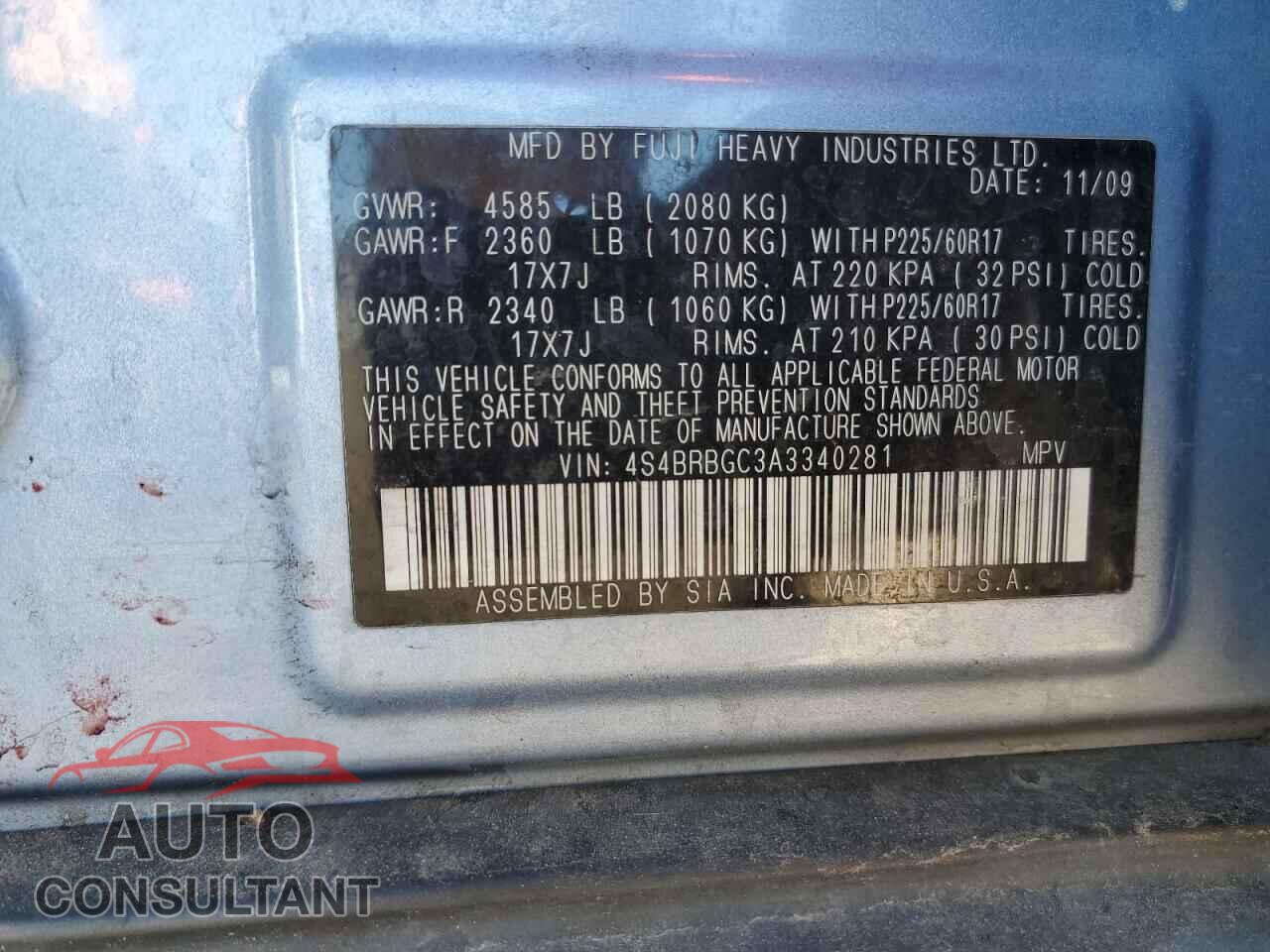 SUBARU OUTBACK 2010 - 4S4BRBGC3A3340281