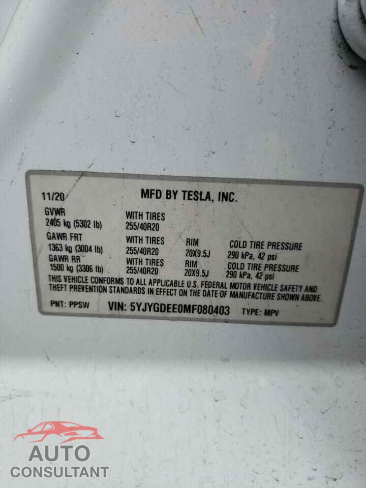 TESLA MODEL Y 2021 - 5YJYGDEE0MF080403