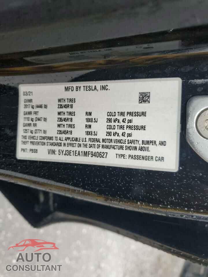 TESLA MODEL 3 2021 - 5YJ3E1EA1MF940627