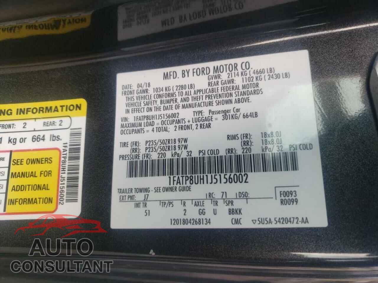 FORD MUSTANG 2018 - 1FATP8UH1J5156002