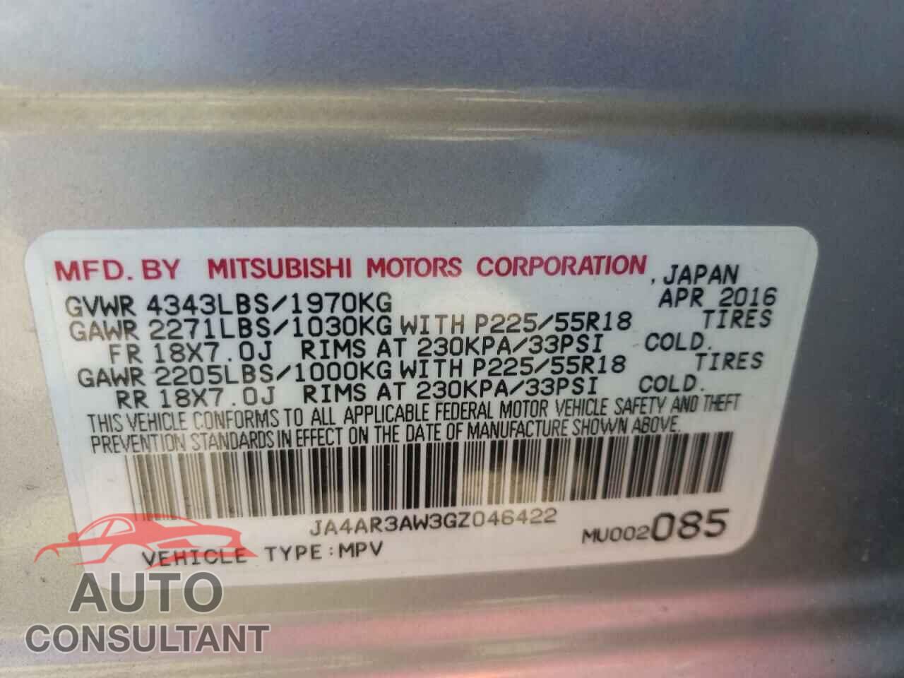 MITSUBISHI OUTLANDER 2016 - JA4AR3AW3GZ046422
