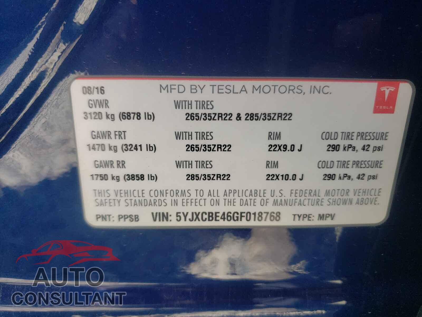 TESLA MODEL X 2016 - 5YJXCBE46GF018768