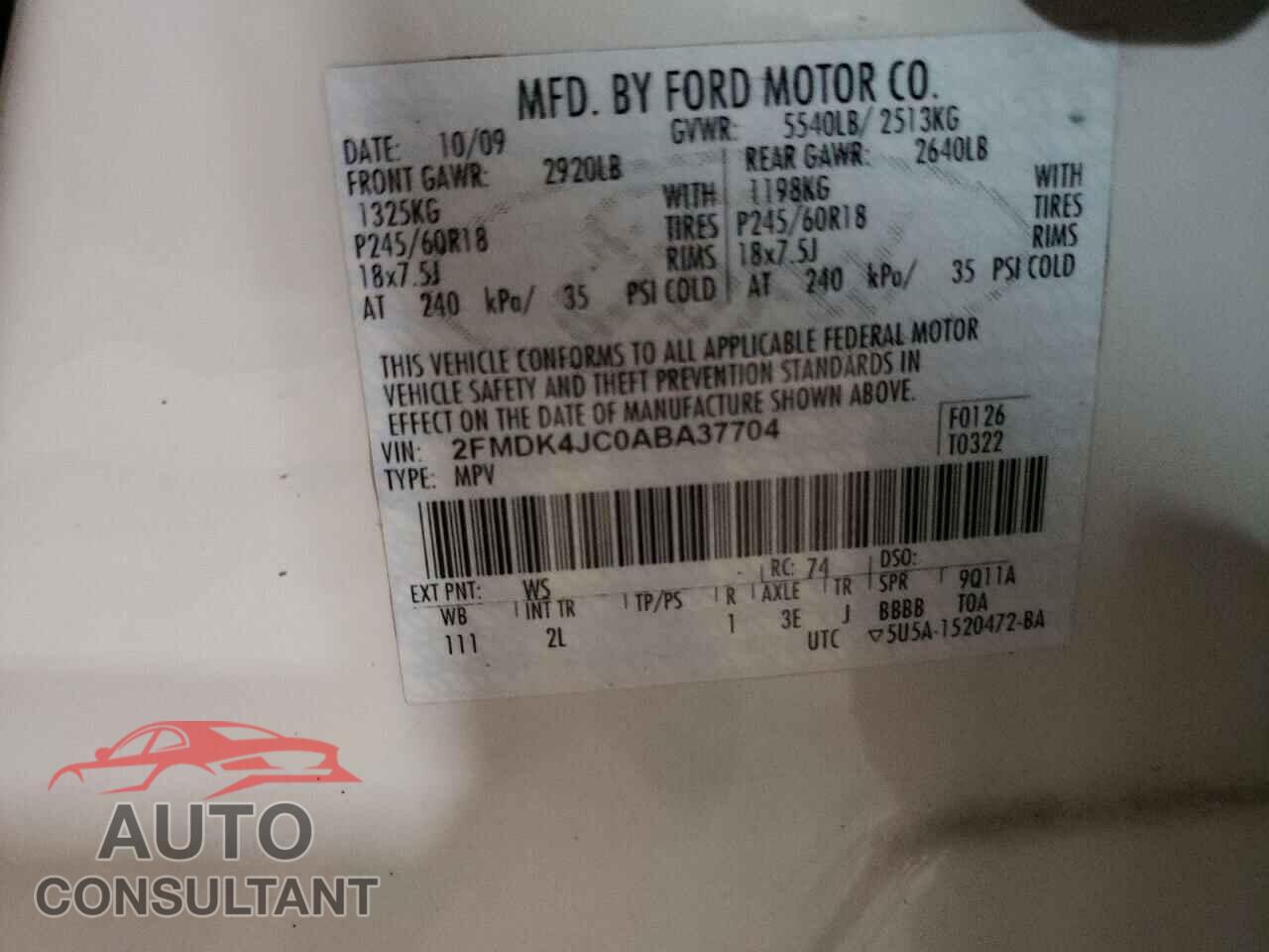 FORD EDGE 2010 - 2FMDK4JC0ABA37704