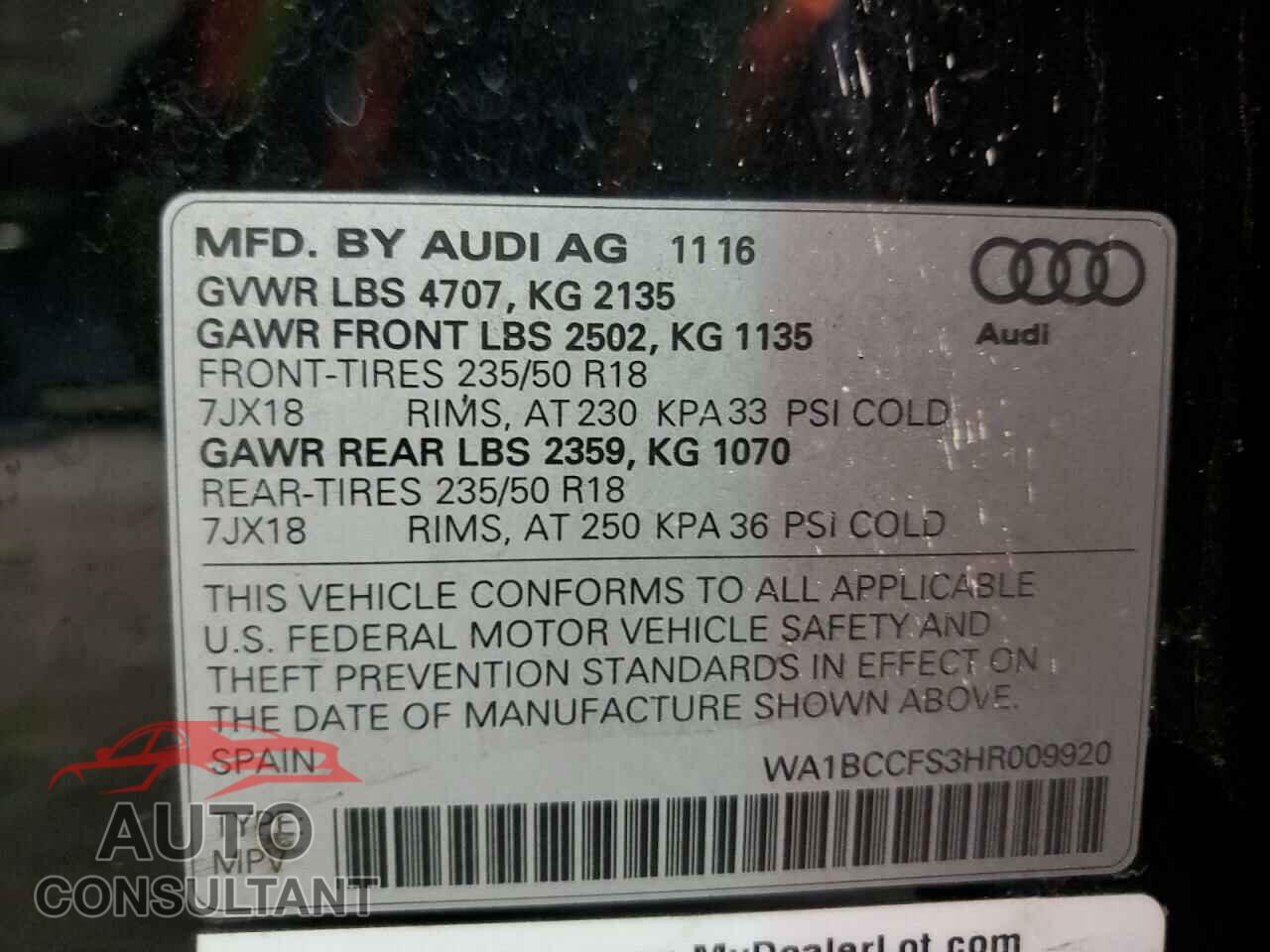 AUDI Q3 2017 - WA1BCCFS3HR009920