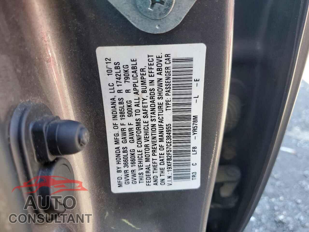 HONDA CIVIC 2012 - 19XFB2F57CE384955