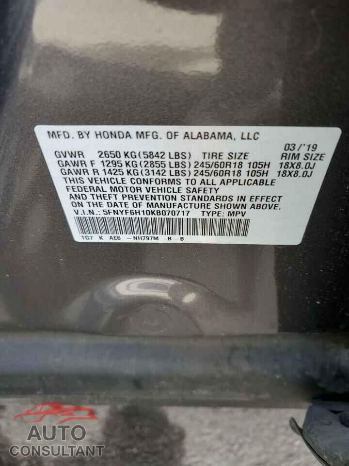 HONDA PILOT 2019 - 5FNYF6H10KB070717