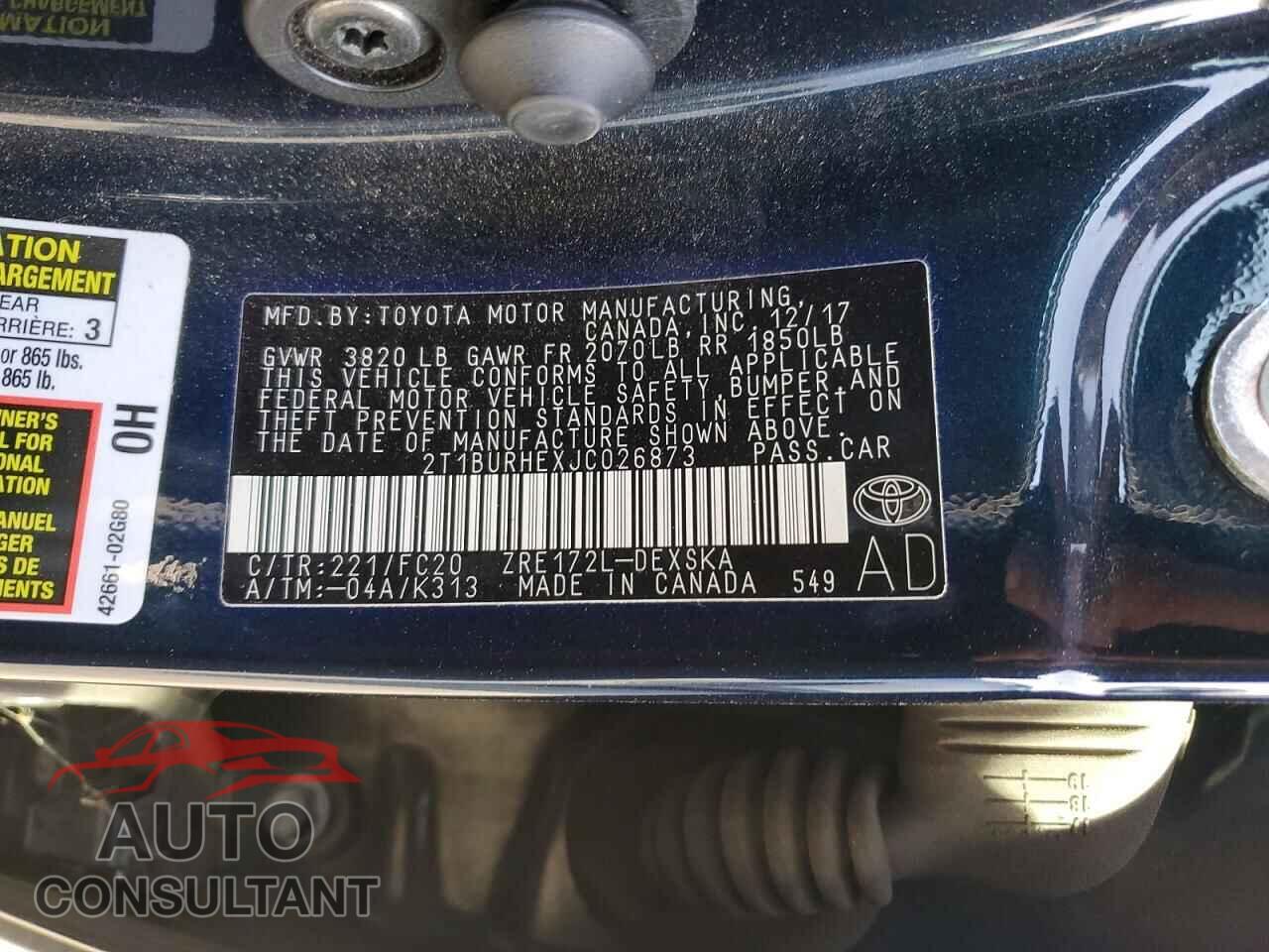 TOYOTA COROLLA 2018 - 2T1BURHEXJC026873