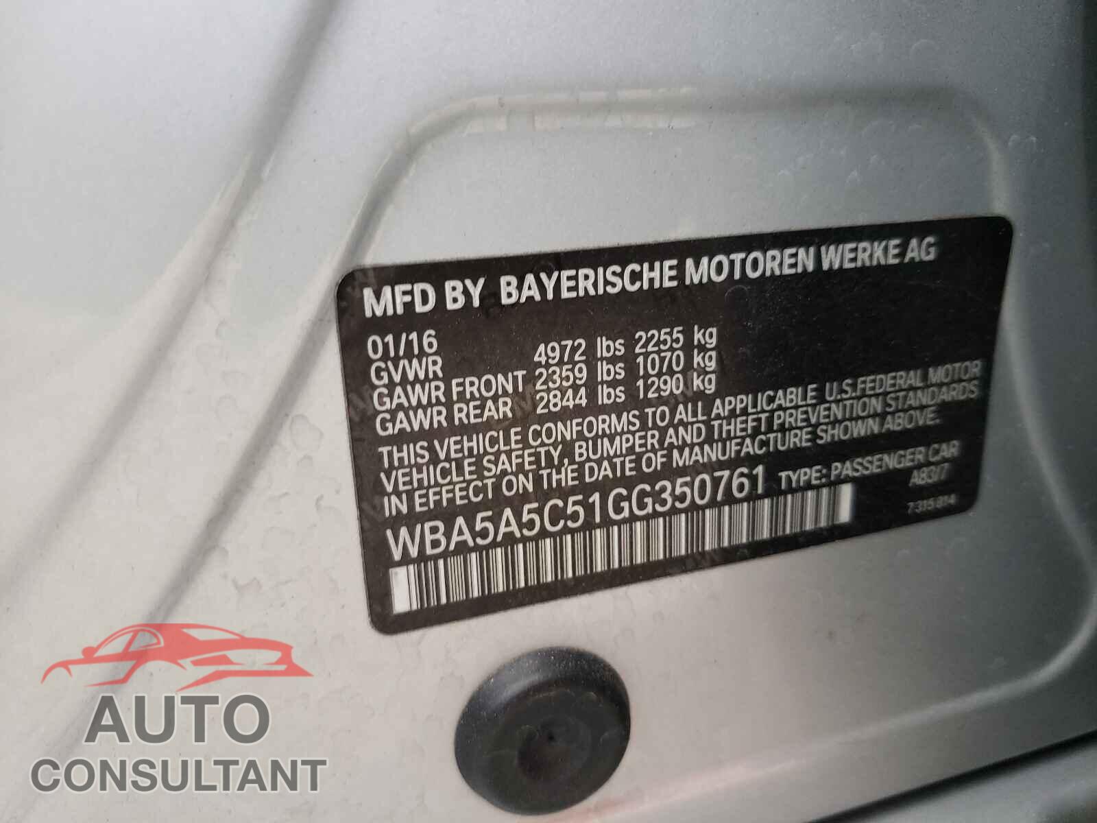BMW 5 SERIES 2016 - WBA5A5C51GG350761