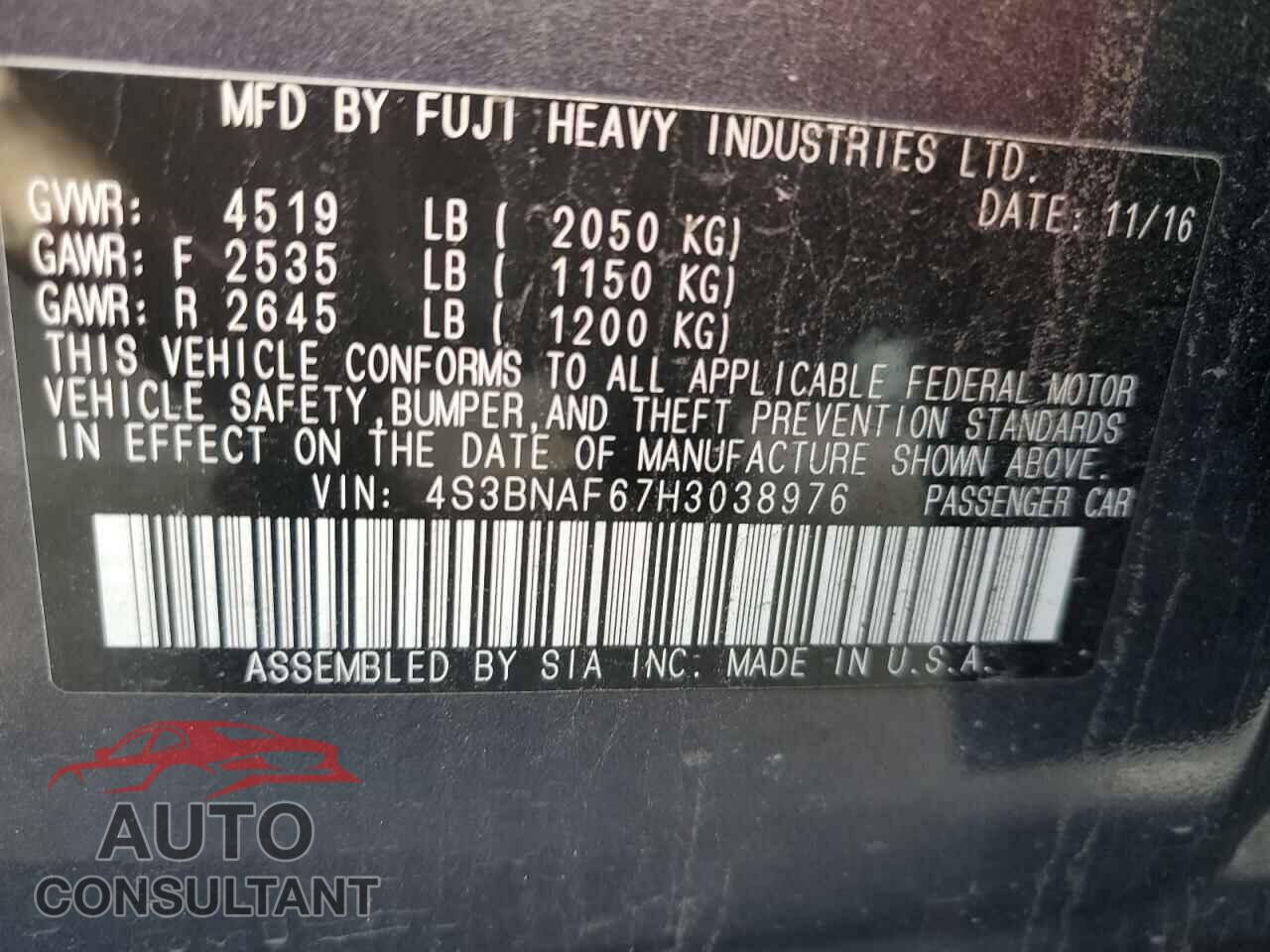 SUBARU LEGACY 2017 - 4S3BNAF67H3038976