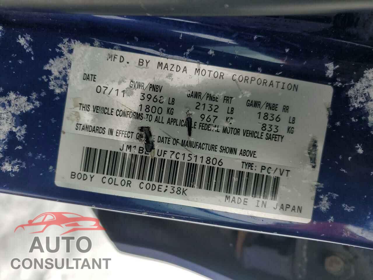 MAZDA 3 2012 - JM1BL1UF7C1511806