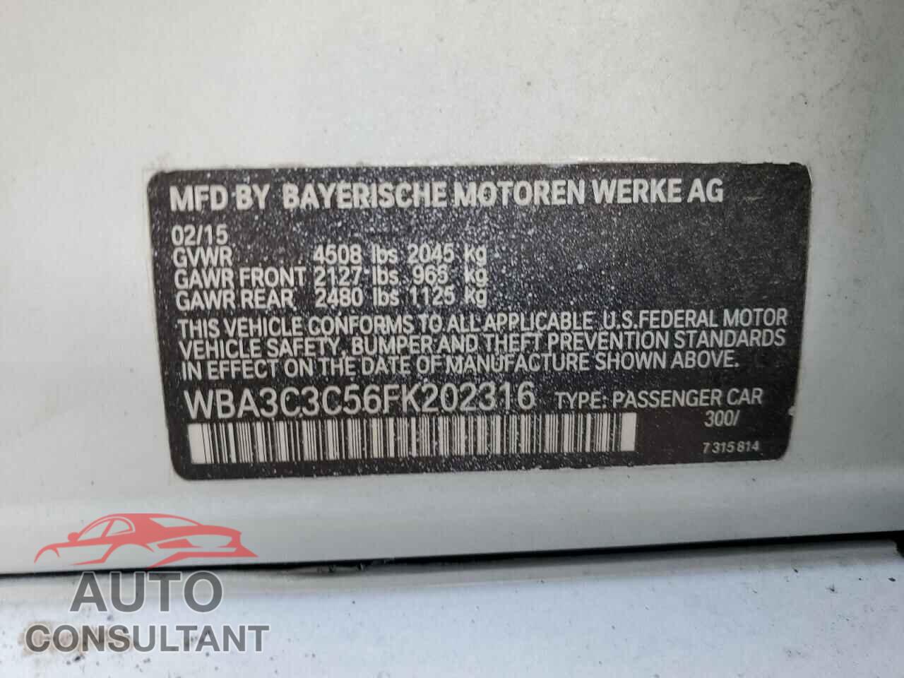 BMW 3 SERIES 2015 - WBA3C3C56FK202316