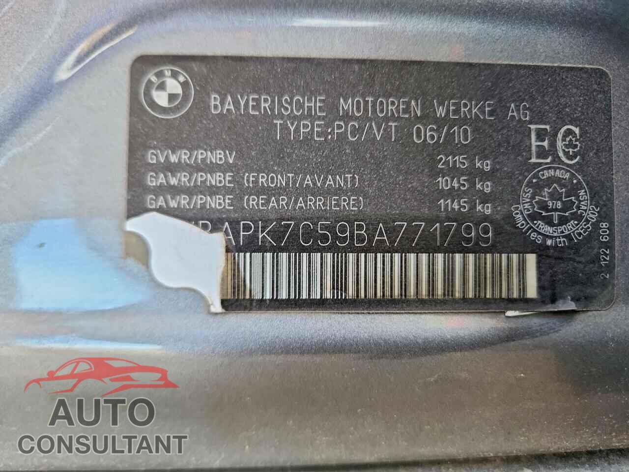 BMW 3 SERIES 2011 - WBAPK7C59BA771799