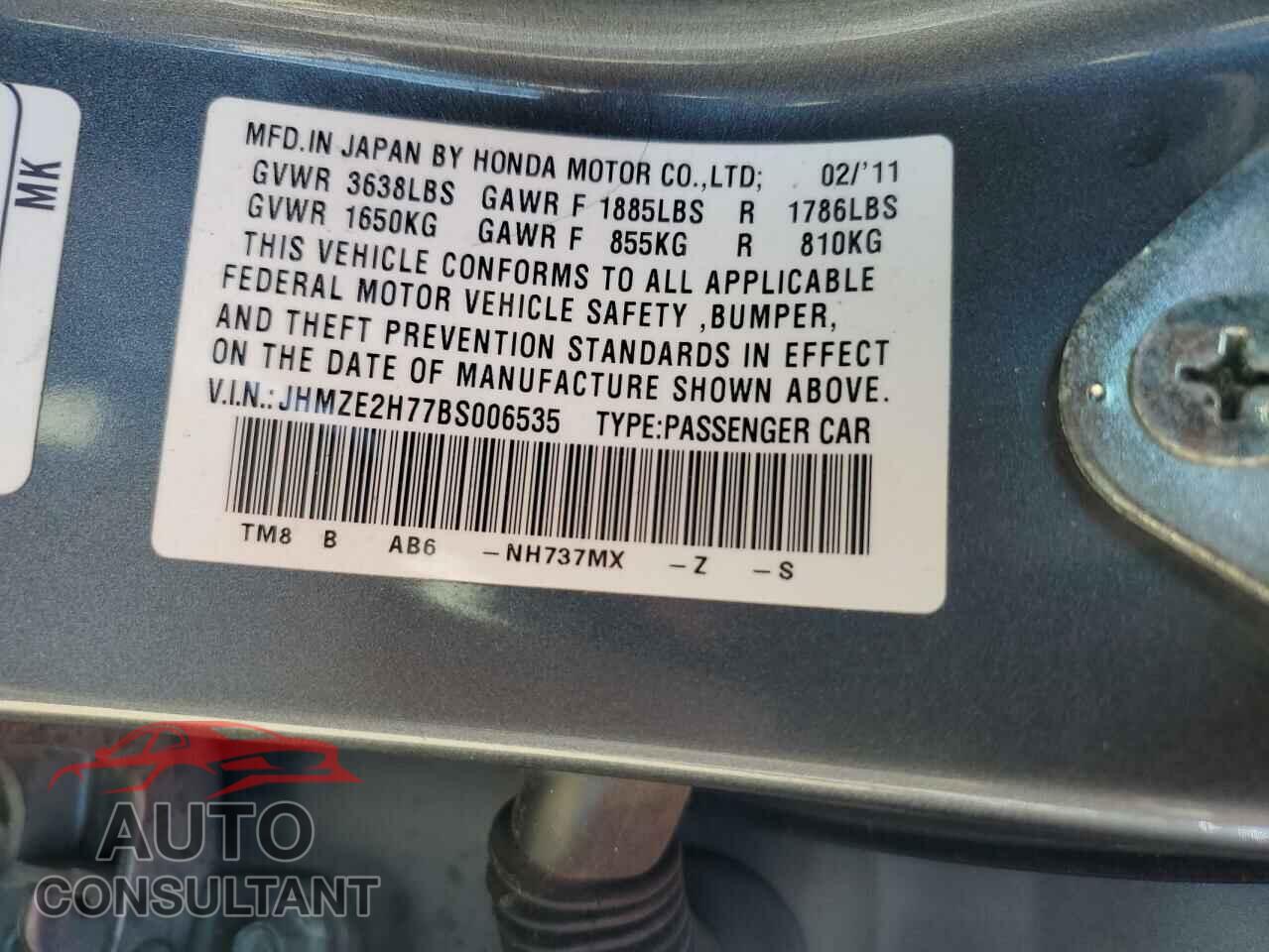 HONDA INSIGHT 2011 - JHMZE2H77BS006535