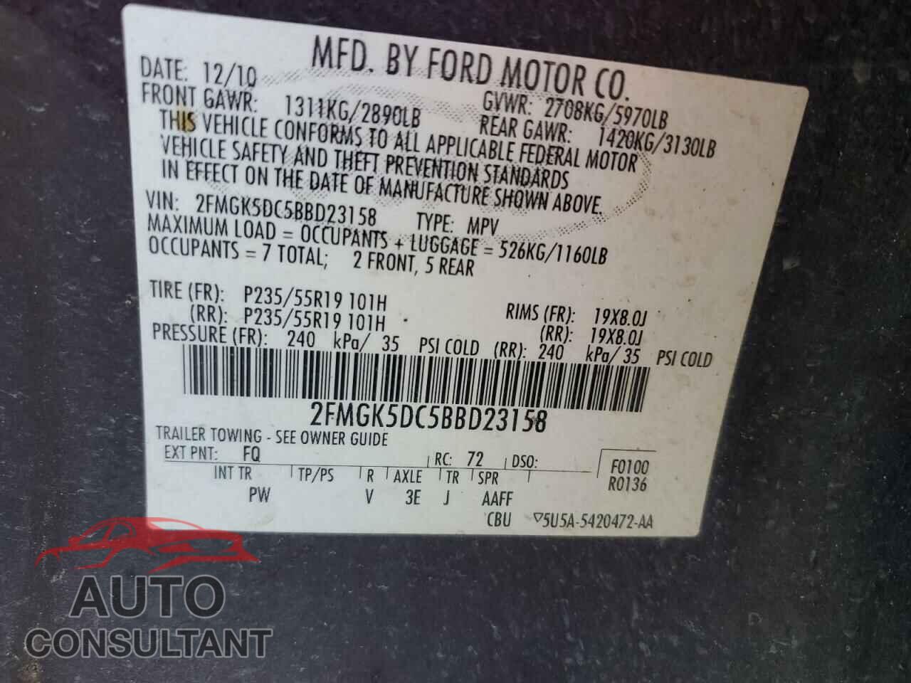 FORD FLEX 2011 - 2FMGK5DC5BBD23158