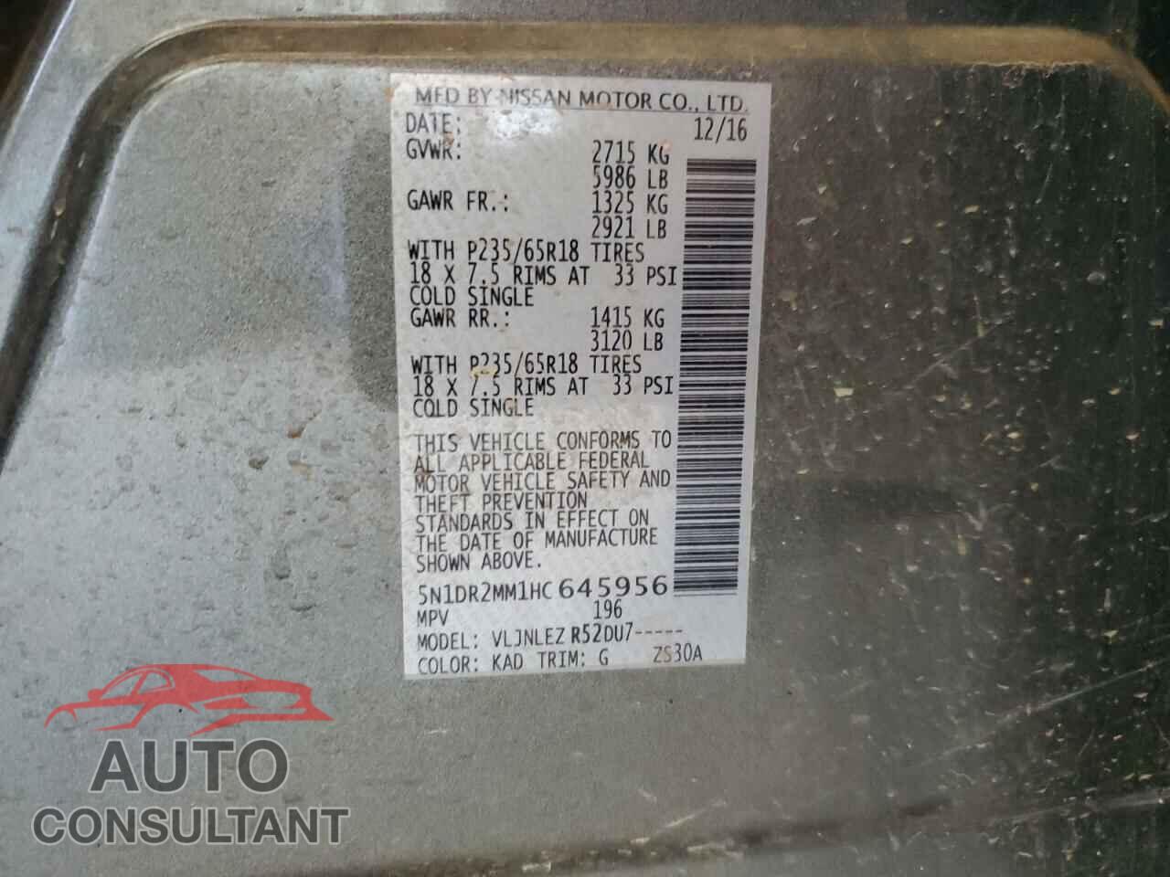 NISSAN PATHFINDER 2017 - 5N1DR2MM1HC645956