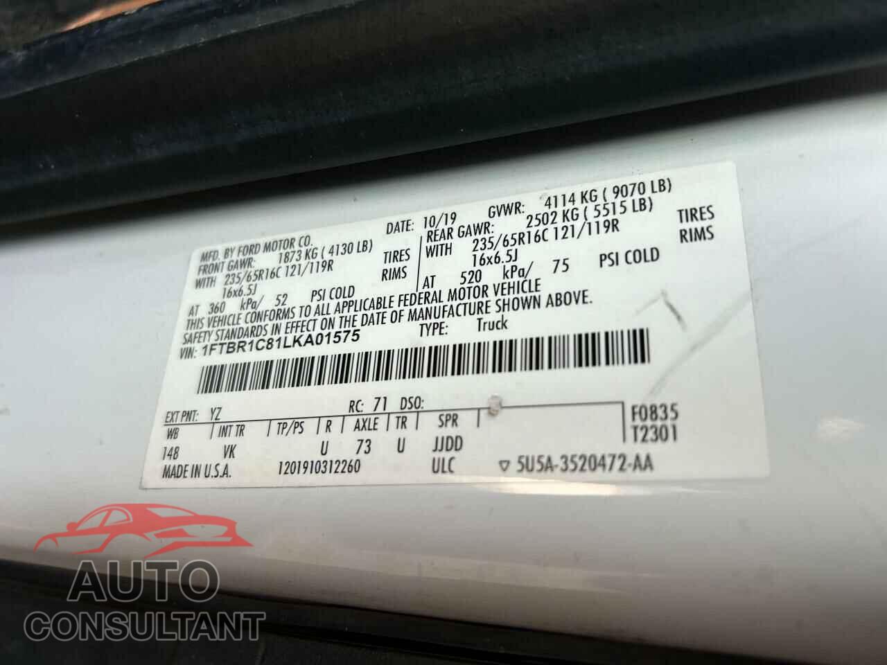 FORD TRANSIT 2020 - 1FTBR1C81LKA01575