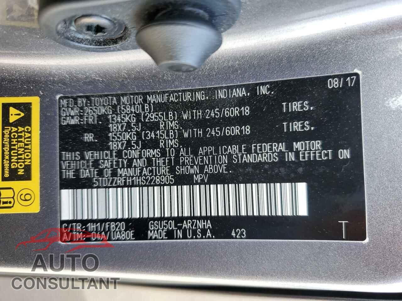 TOYOTA HIGHLANDER 2017 - 5TDZZRFH1HS228905