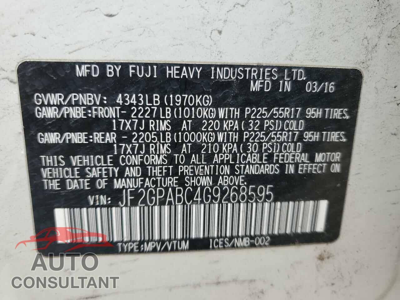 SUBARU CROSSTREK 2016 - JF2GPABC4G9268595