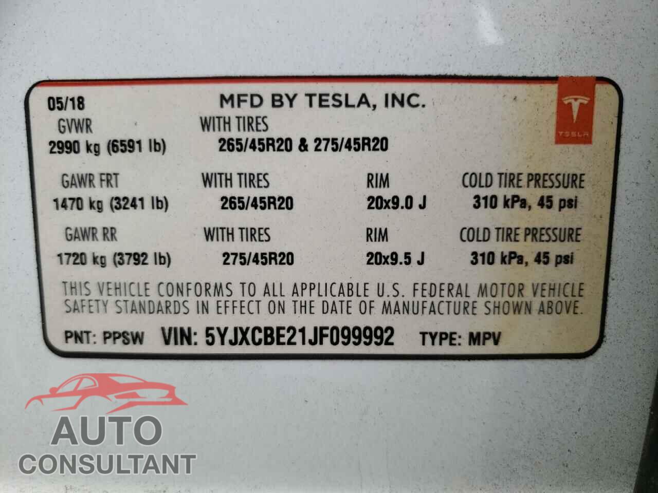 TESLA MODEL X 2018 - 5YJXCBE21JF099992