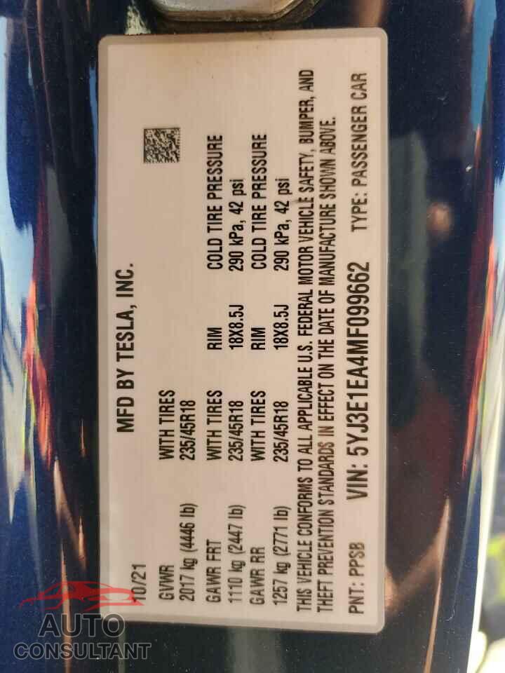 TESLA MODEL 3 2021 - 5YJ3E1EA4MF099662