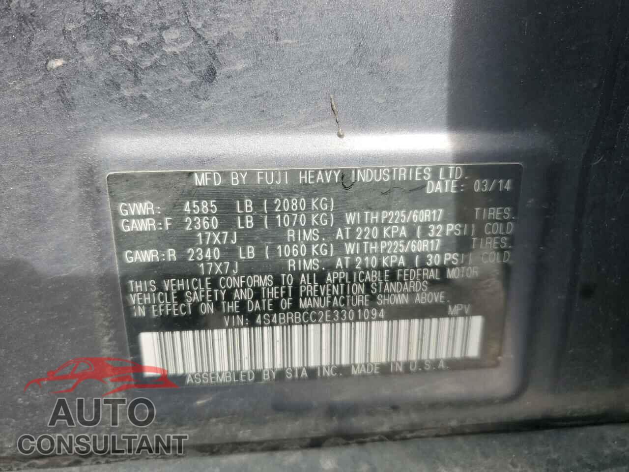 SUBARU OUTBACK 2014 - 4S4BRBCC2E3301094