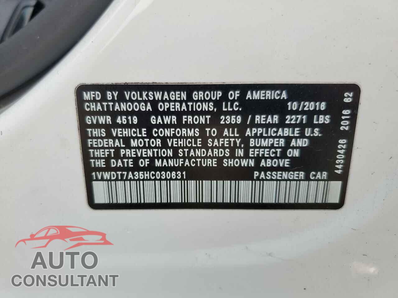 VOLKSWAGEN PASSAT 2017 - 1VWDT7A35HC030631