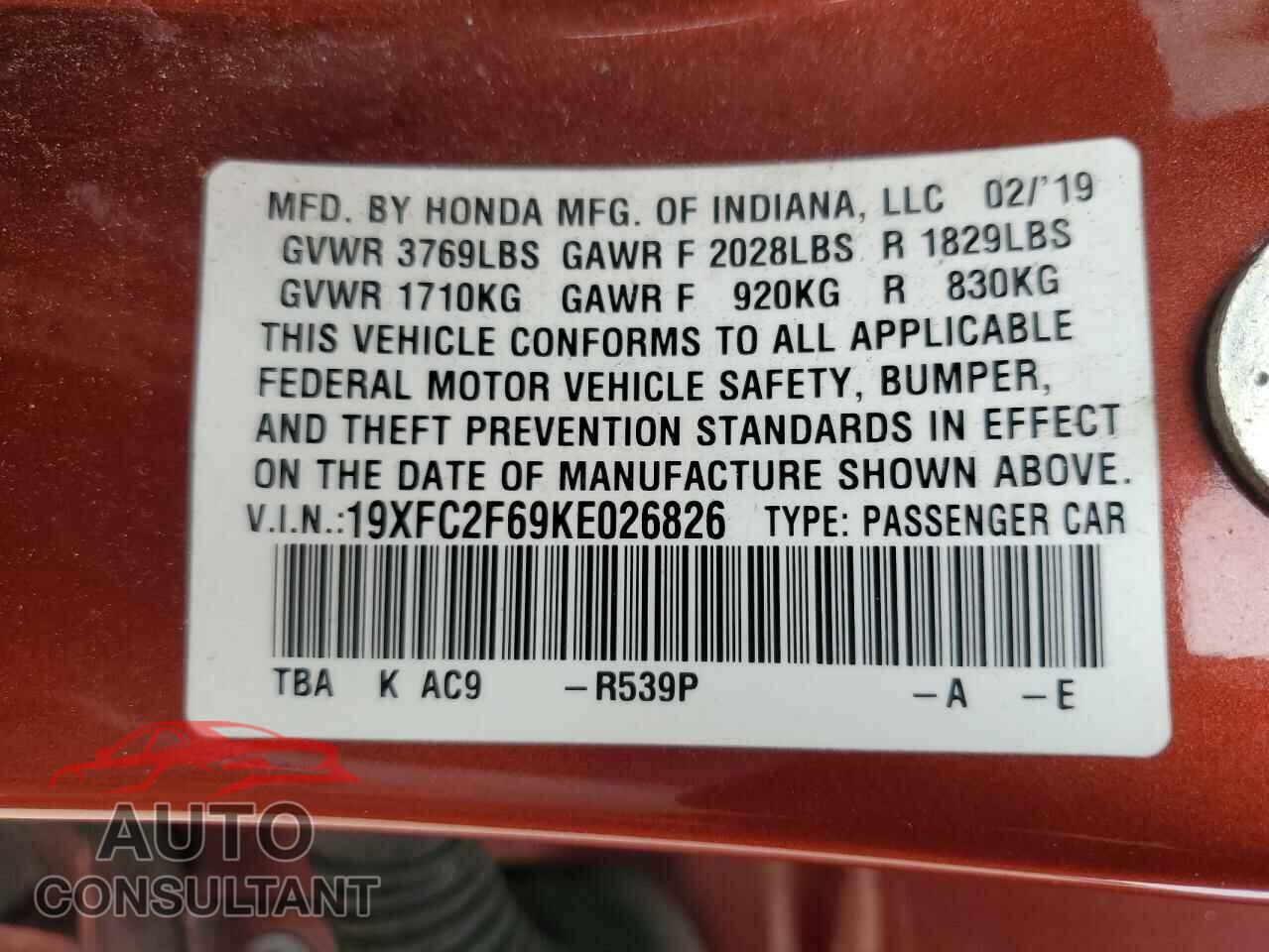 HONDA CIVIC 2019 - 19XFC2F69KE026826