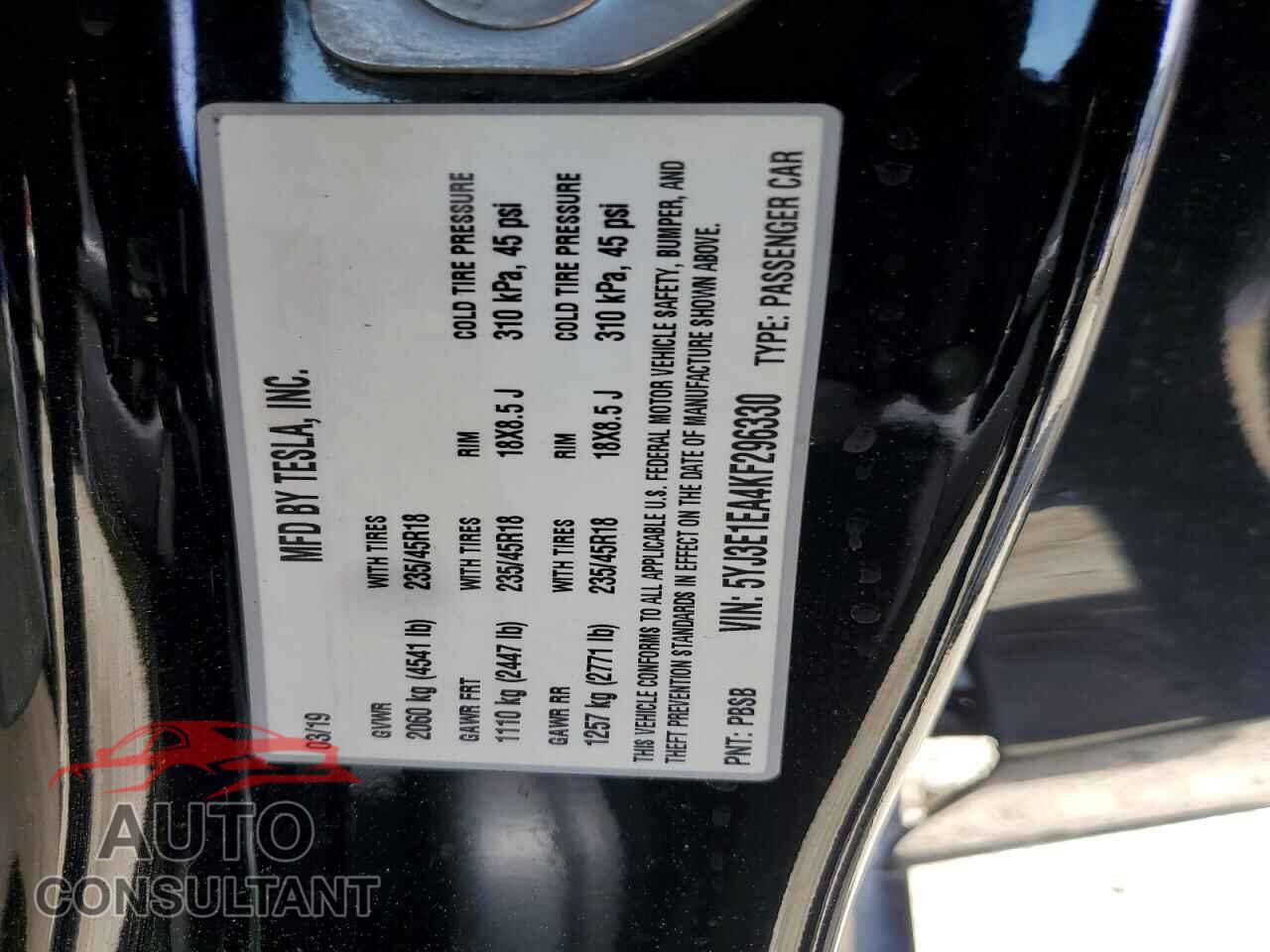 TESLA MODEL 3 2019 - 5YJ3E1EA4KF296330