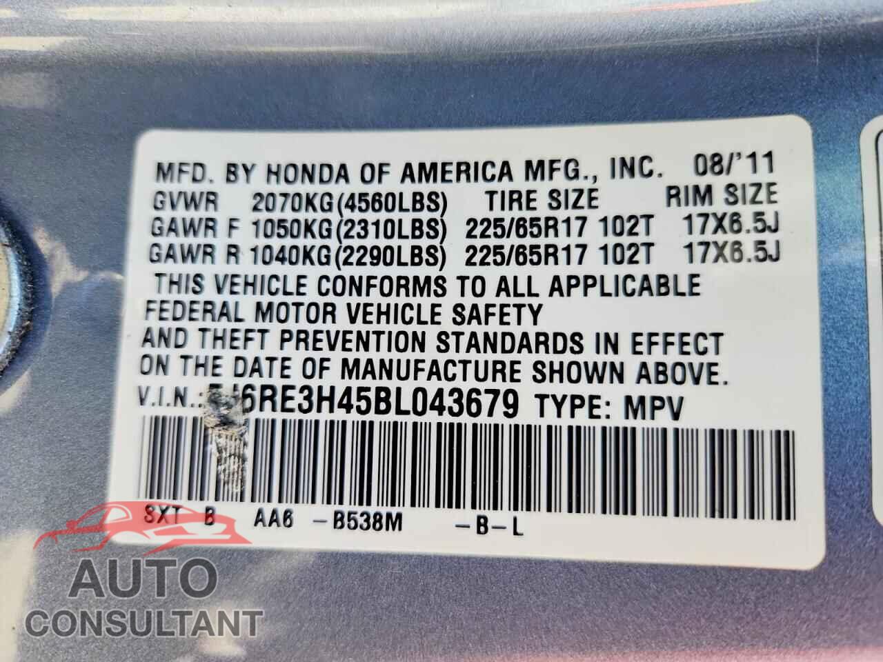 HONDA CRV 2011 - 5J6RE3H45BL043679