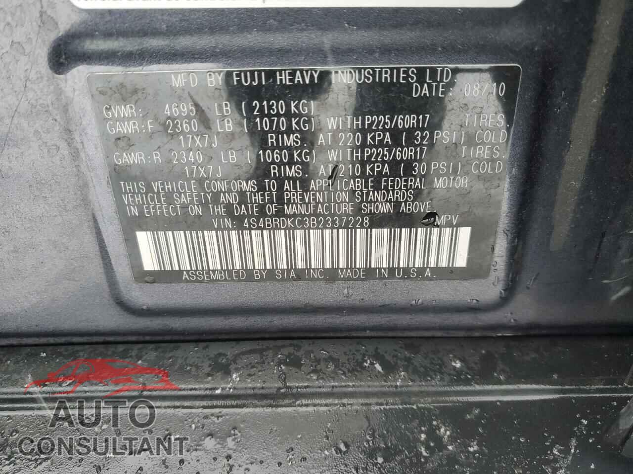 SUBARU OUTBACK 2011 - 4S4BRDKC3B2337228
