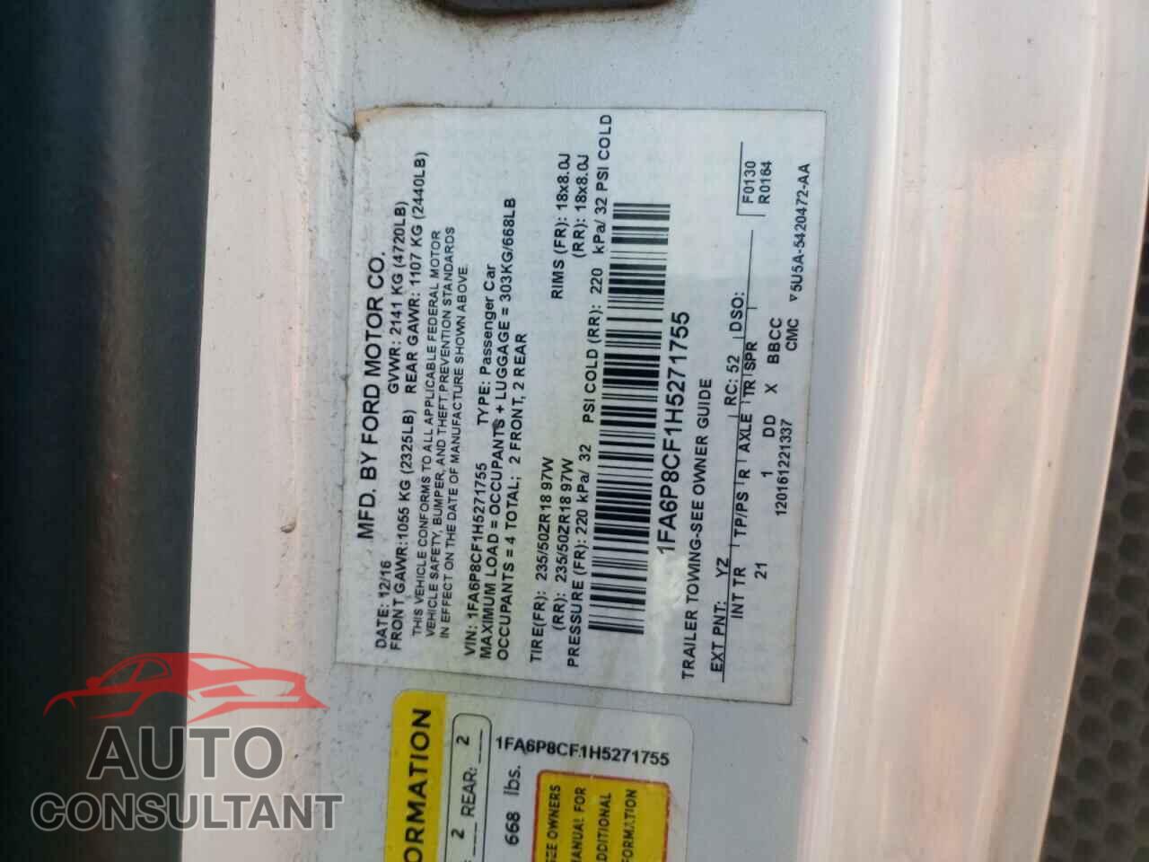 FORD MUSTANG 2017 - 1FA6P8CF1H5271755