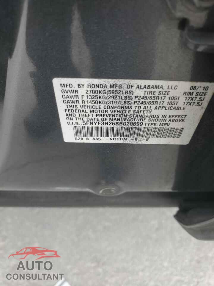HONDA PILOT 2011 - 5FNYF3H26BB020699