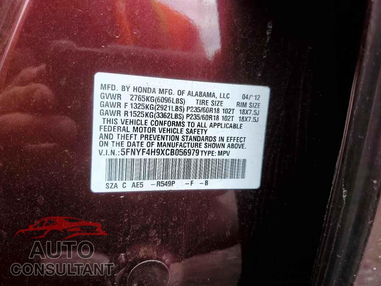 HONDA PILOT 2012 - 5FNYF4H9XCB056979