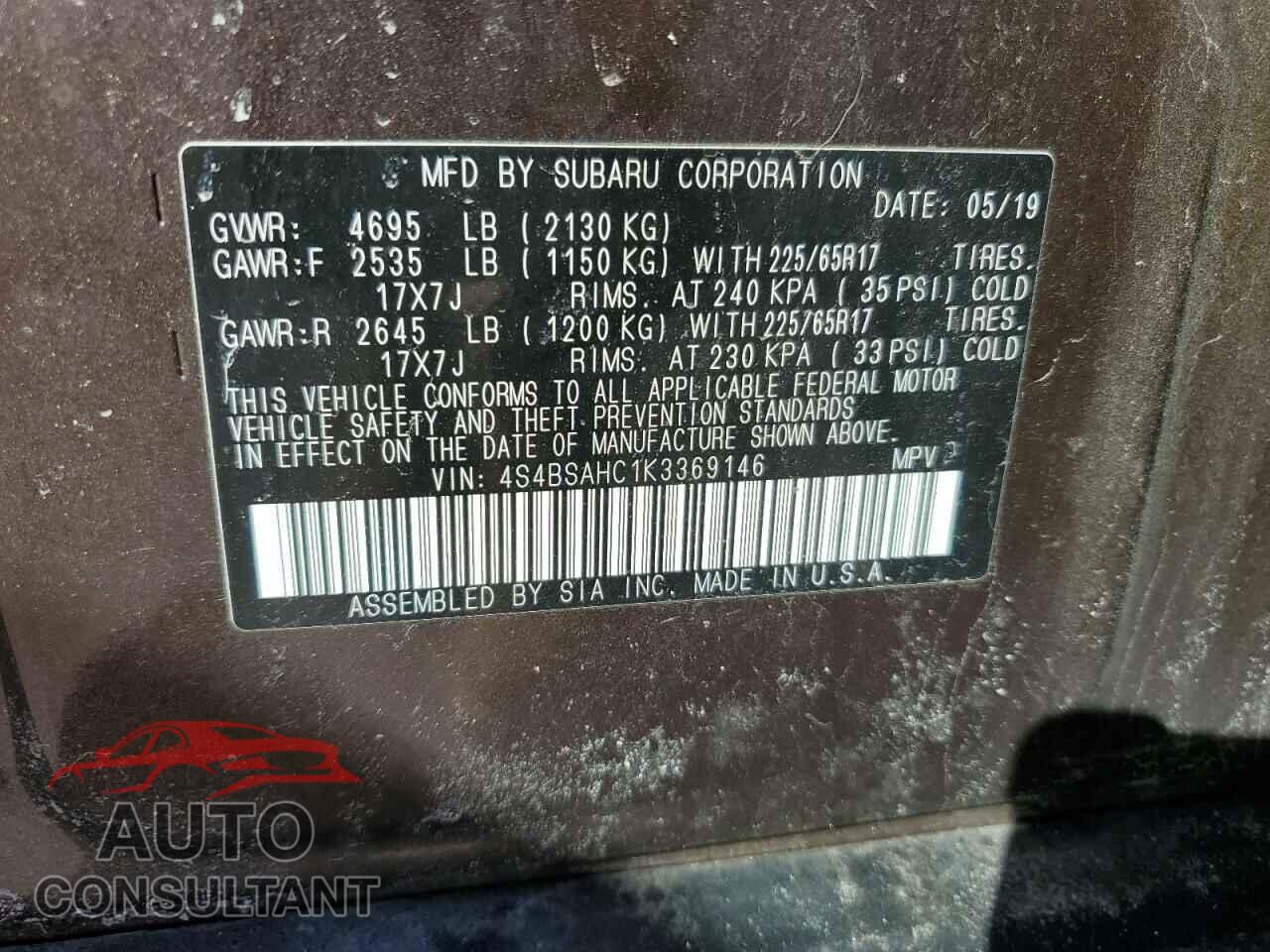 SUBARU OUTBACK 2019 - 4S4BSAHC1K3369146