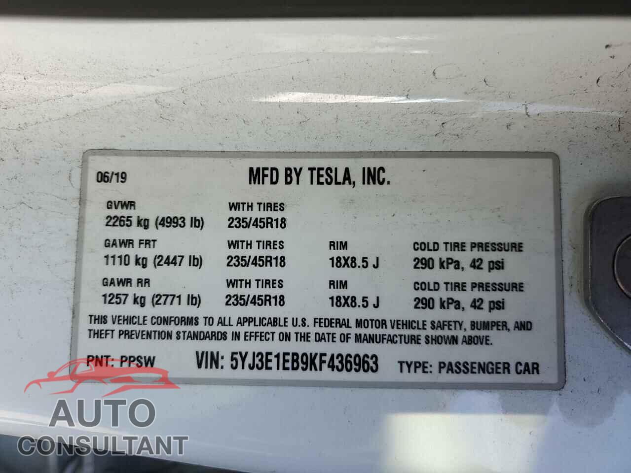 TESLA MODEL 3 2019 - 5YJ3E1EB9KF436963