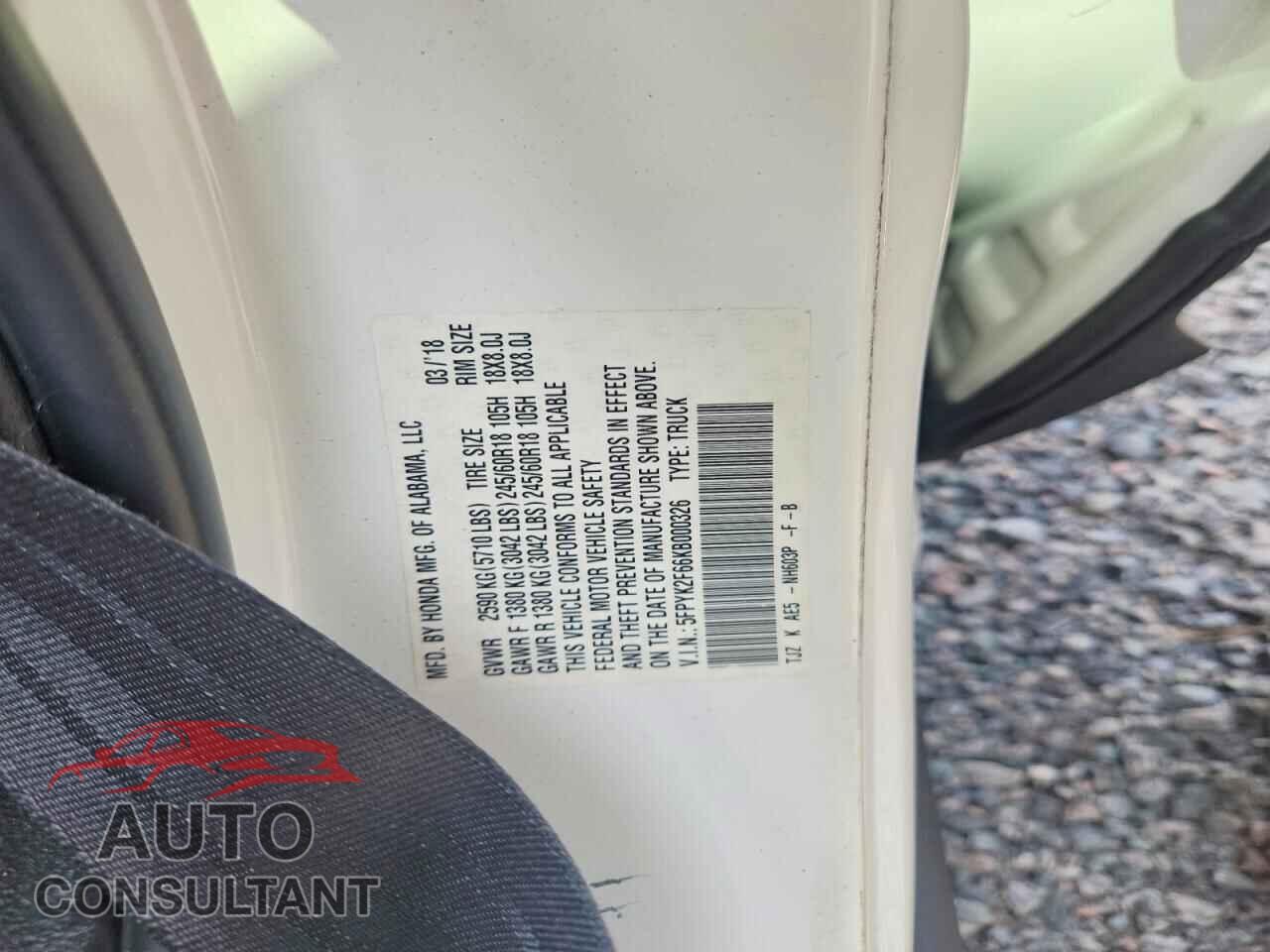 HONDA RIDGELINE 2019 - 5FPYK2F66KB000326