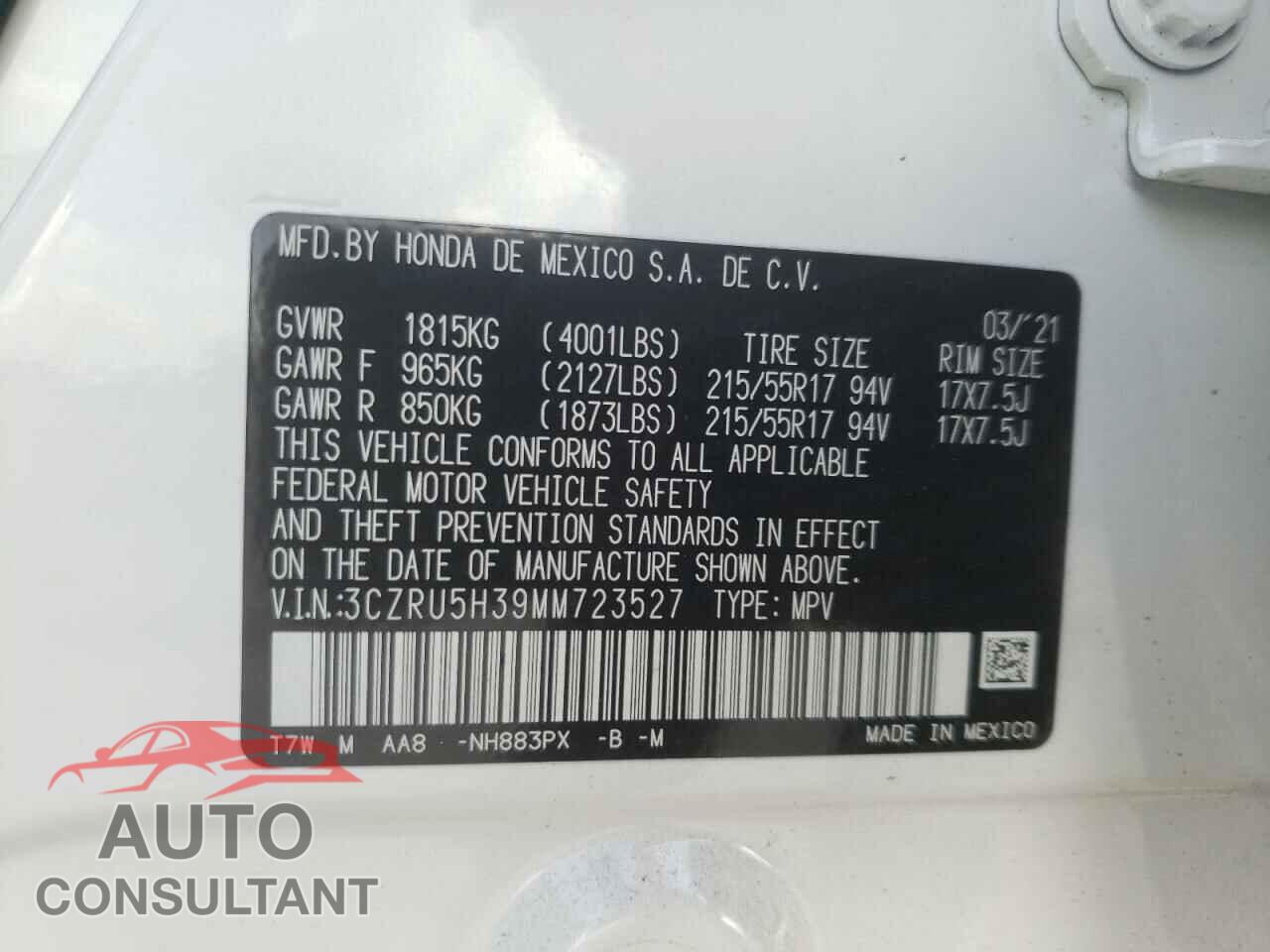 HONDA HR-V 2021 - 3CZRU5H39MM723527