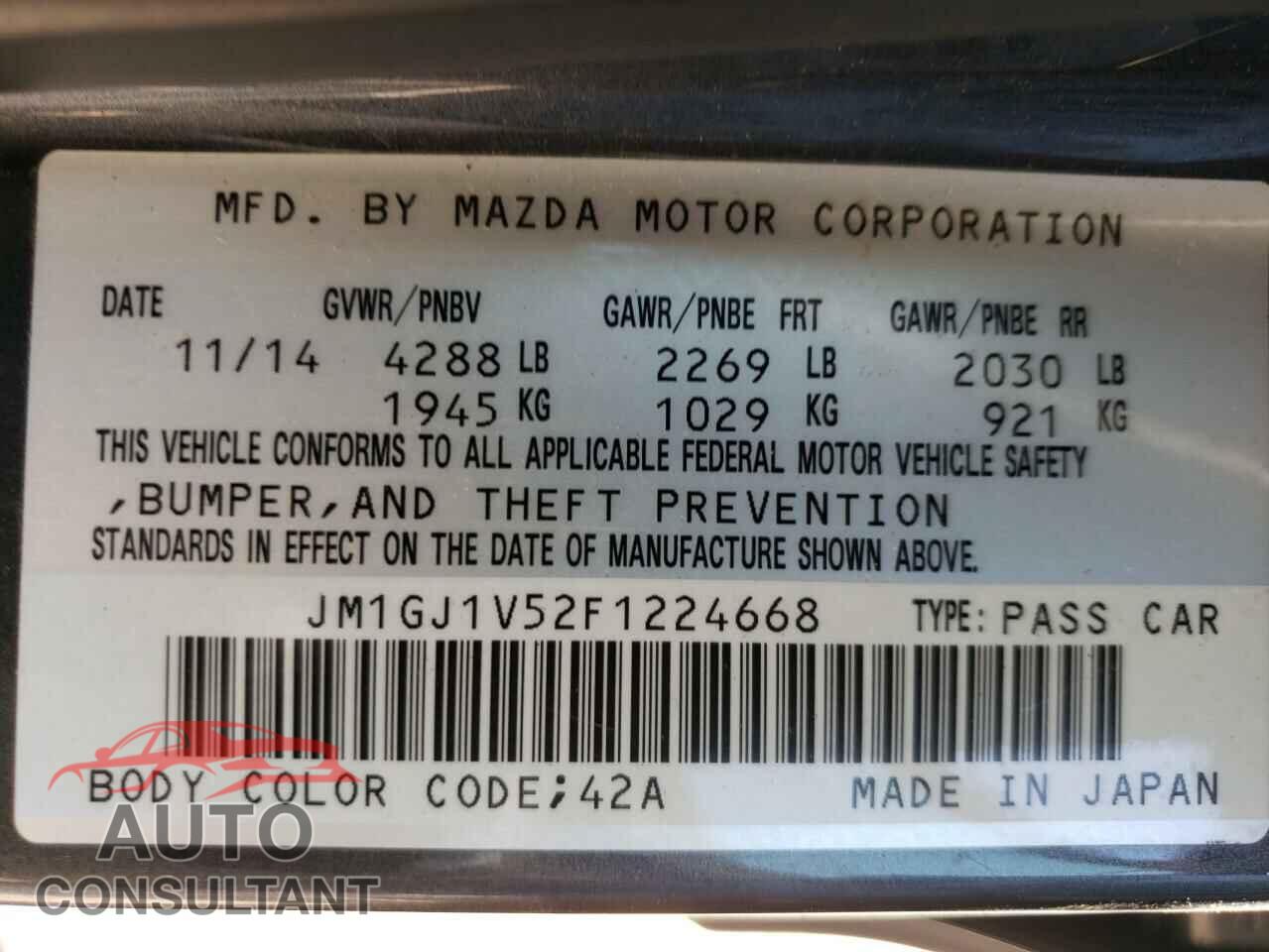 MAZDA 6 2015 - JM1GJ1V52F1224668
