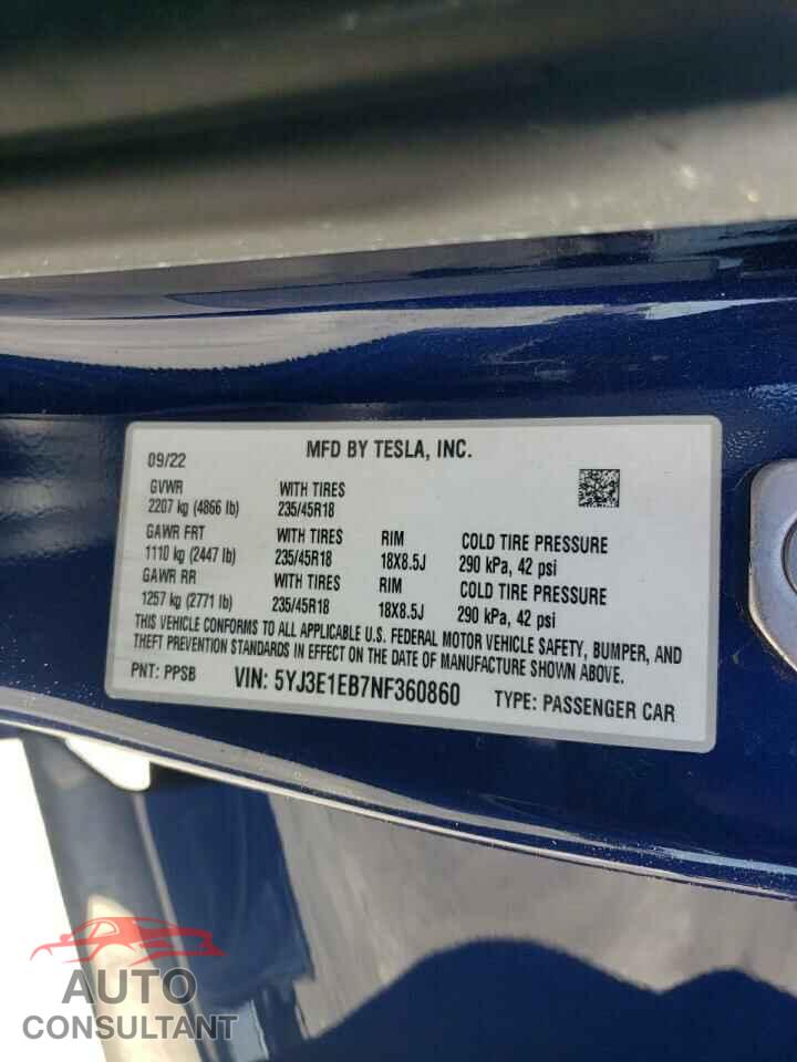 TESLA MODEL 3 2022 - 5YJ3E1EB7NF360860
