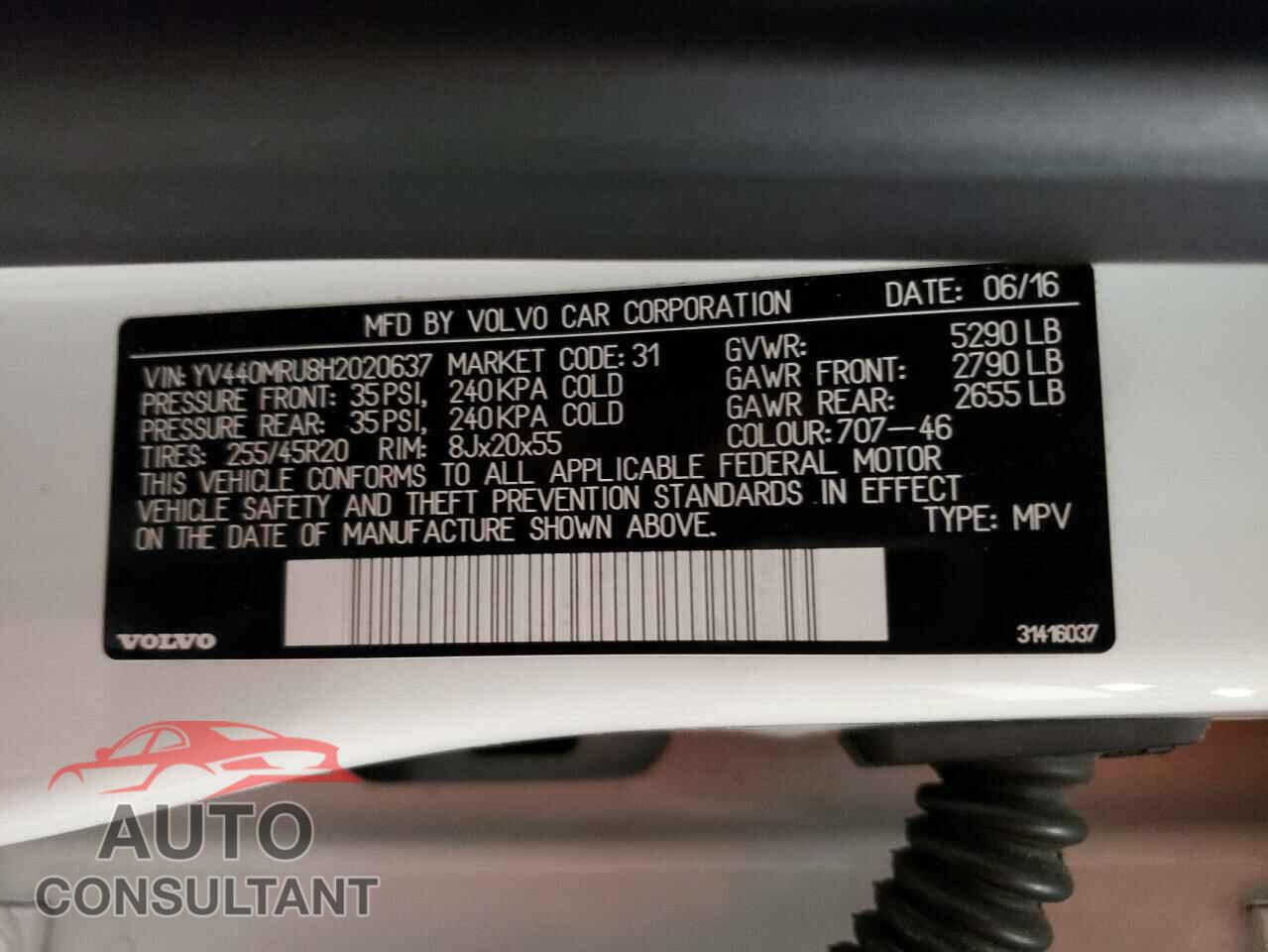 VOLVO XC60 2017 - YV440MRU8H2020637