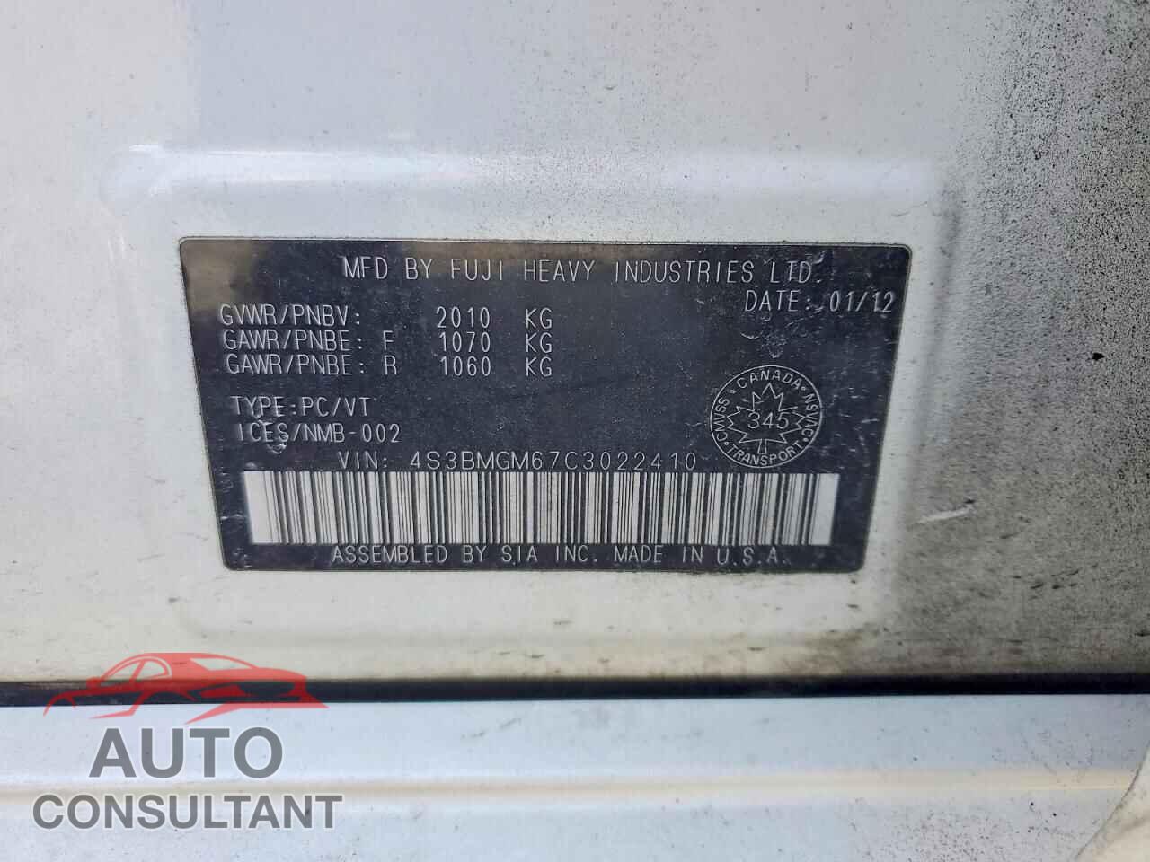 SUBARU LEGACY 2012 - 4S3BMGM67C3022410