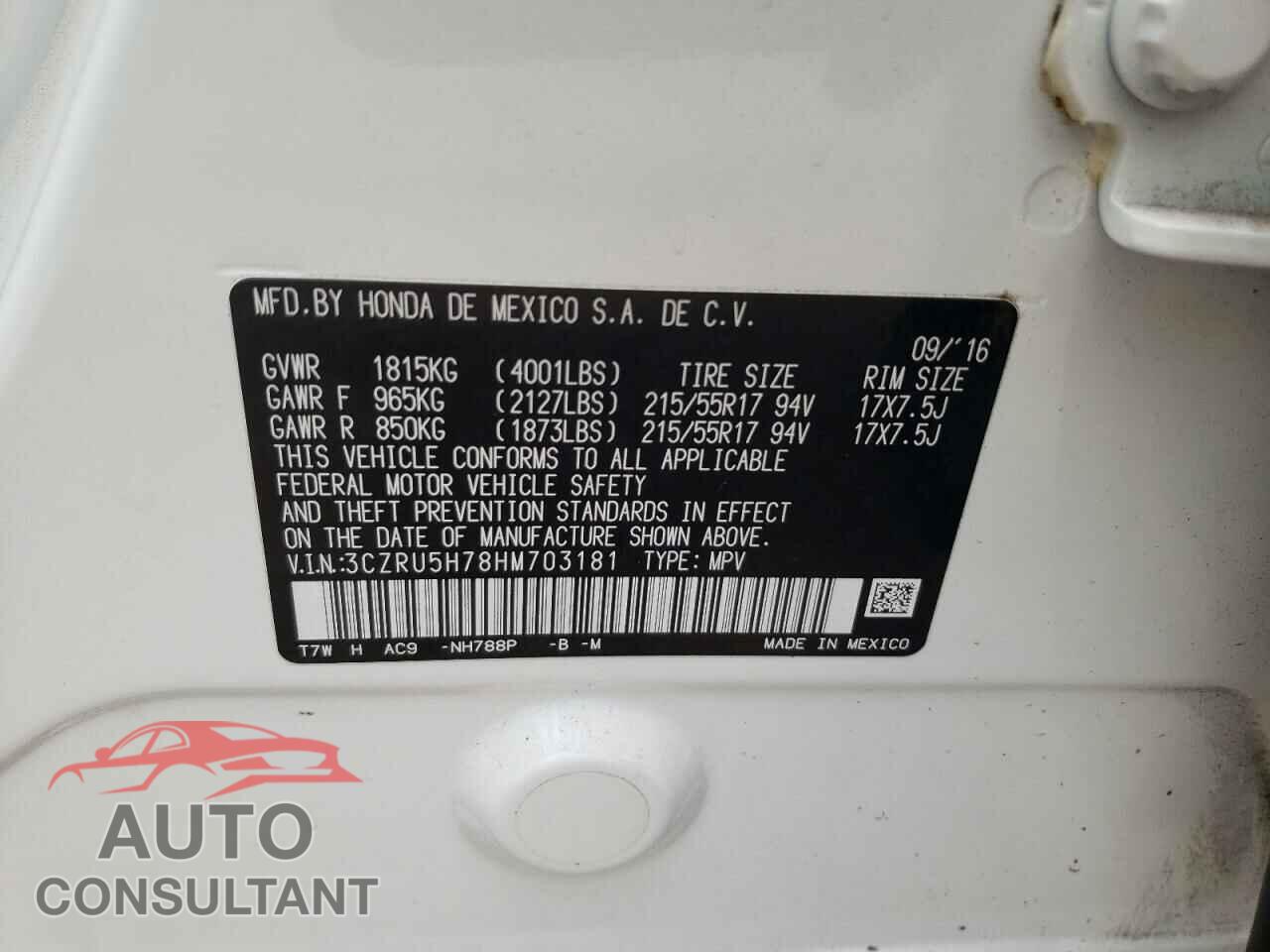 HONDA HR-V 2017 - 3CZRU5H78HM703181