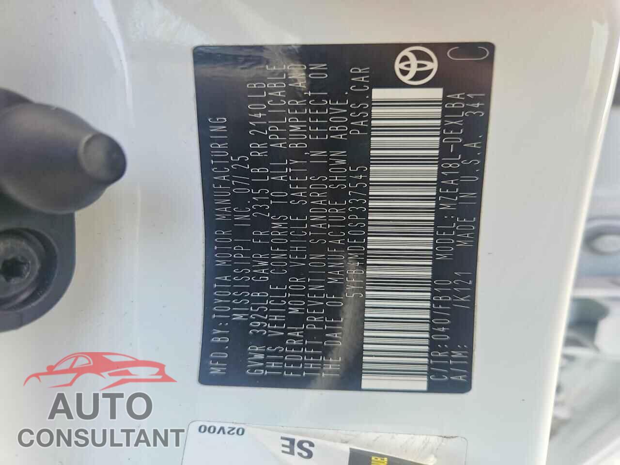 TOYOTA COROLLA 2025 - 5YFB4MDE0SP337545