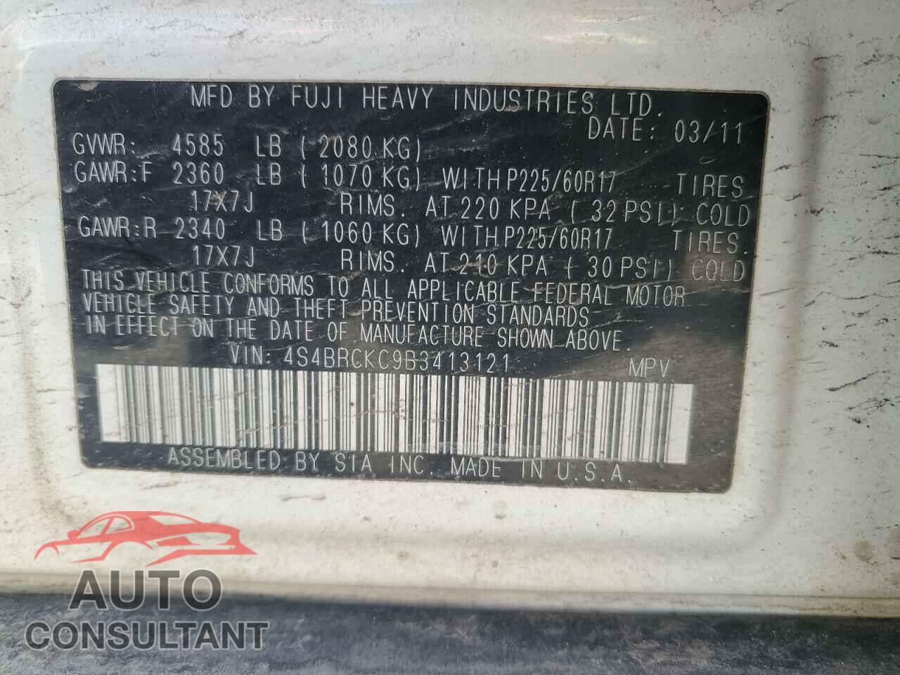 SUBARU OUTBACK 2011 - 4S4BRCKC9B3413121