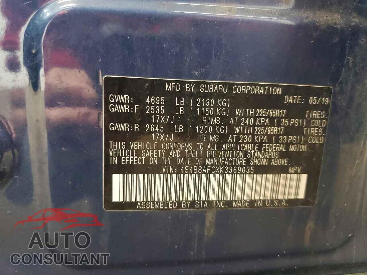 SUBARU OUTBACK 2019 - 4S4BSAFCXK3369035