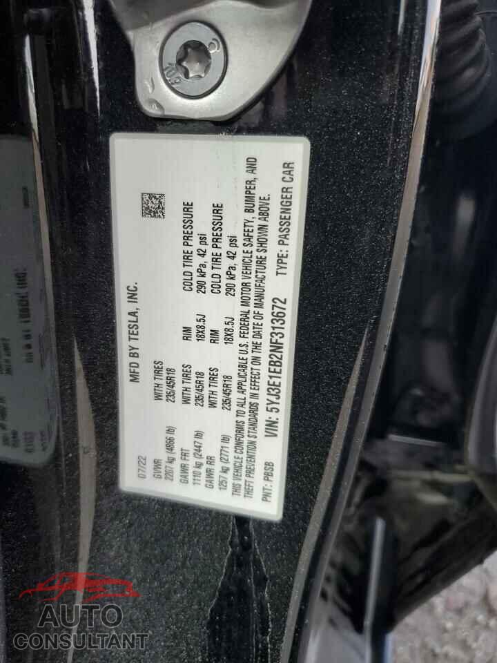 TESLA MODEL 3 2022 - 5YJ3E1EB2NF313672